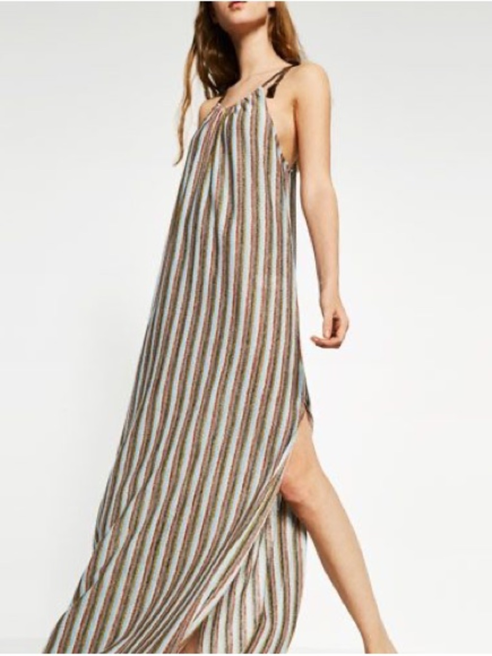 Zara - Colorful Vertical Stripe Pattern Tie Shoulder Slit Maxi Dress Size Small